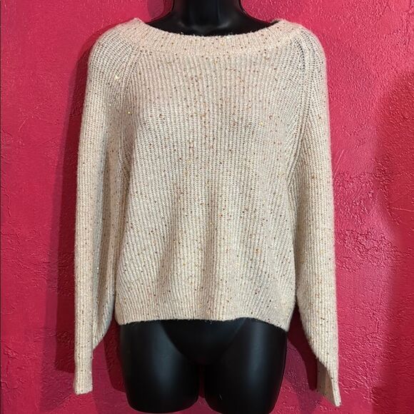 Express Cream Women's Crew Neck Sweater with sparkling gold sequins. Sz small. - Picture 1 of 8